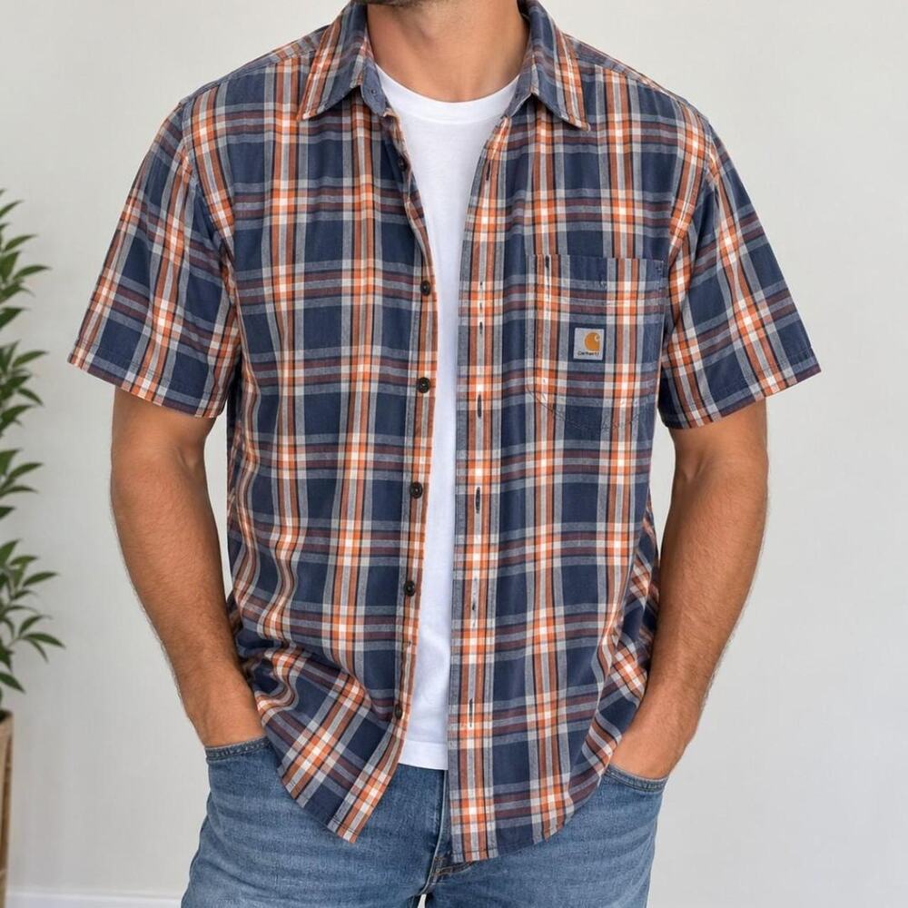 Carhartt blue orange and white button up